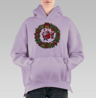 Весёлый Санта в рождественском венке круглый праздник подарков, Hoodie Oversize Fiolet, утепленная