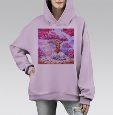 Весенняя кошка под сакурой с розовой листвой и лепестками, Hoodie Mono Fiolet, оверсайз, утепленная
