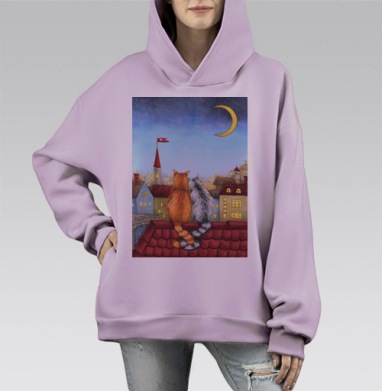 Влюбленные котики на крыше, Hoodie Mono Fiolet, оверсайз, утепленная