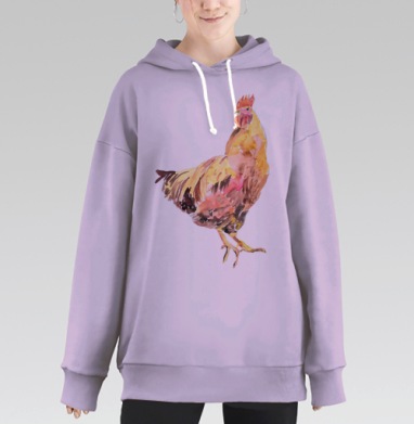 Яркая акварельная живопись петуха на фоне неба, Hoodie Long Oversize Fiolet
