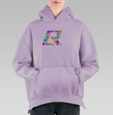 Яркая буква R из цветных черепов на черном фоне, Hoodie Oversize Fiolet, утепленная