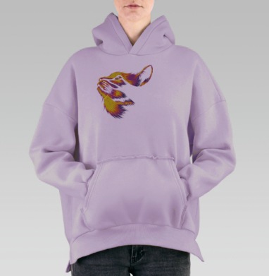 Яркая кошка смотрит вверх теплые оттенки желтый пурпурный черный, Hoodie Oversize Fiolet, утепленная