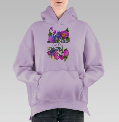 Яркие летние цветы розовый голубой зеленый натуральный, Hoodie Oversize Fiolet, утепленная