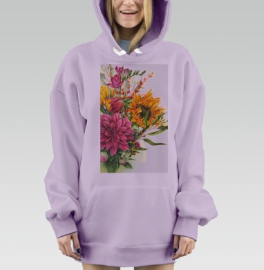 Яркий летний букет с подсолнухом и пионами в центре, Hoodie Mjhigh Dig Mel, Fiolet, утепленная