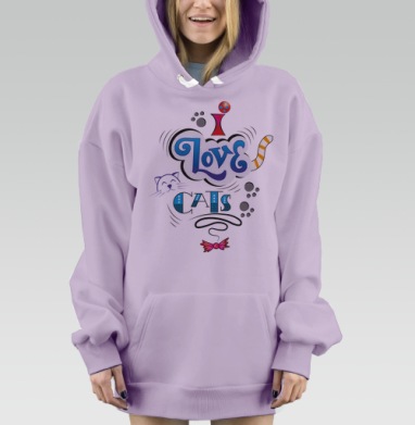Яркое признание я люблю кошек слова и символы, Hoodie Mjhigh Dig Mel, Fiolet, утепленная