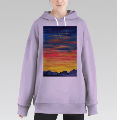 Закат над Кавказским хребтом с теплыми лучами заходящего солнца, Hoodie Long Oversize Fiolet