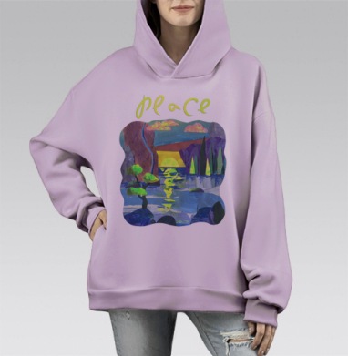 Закат у озера с деревьями и скалами место покоя и тишины, Hoodie Mono Fiolet, оверсайз, утепленная