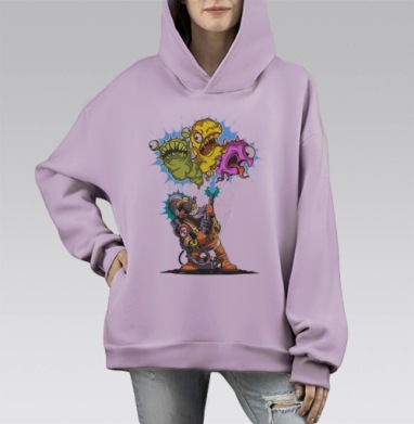Защитный костюм с газовой маской и призрачными существами, Hoodie Mono Fiolet, оверсайз, утепленная