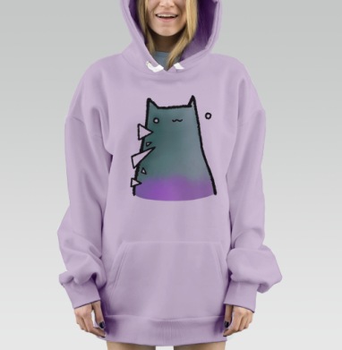Зеленовато фиолетовый кот с шипами сером фоне, Hoodie Mjhigh Dig Mel, Fiolet, утепленная
