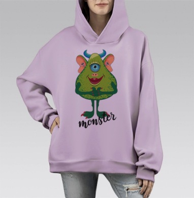 Зеленый монстрик с голубым глазом и голубыми рожками, Hoodie Mono Fiolet, оверсайз, утепленная