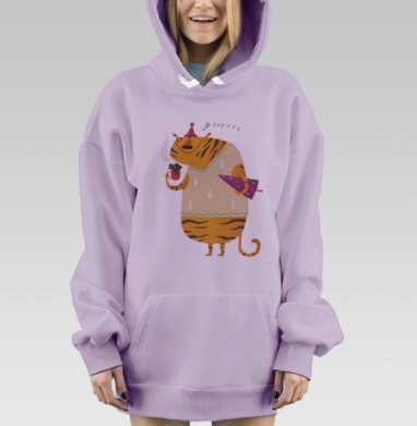 Зимний уютный тигруля в свитере с елкой горячим шоколадом, Hoodie Mjhigh Dig Mel, Fiolet, утепленная
