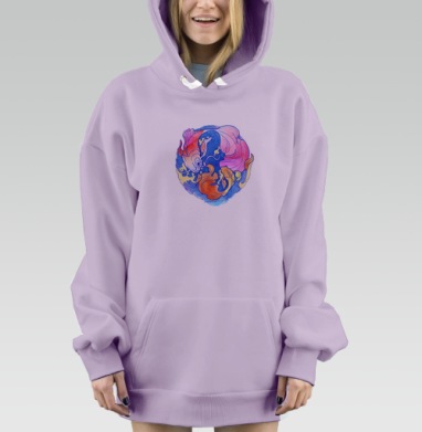 Золотые рыбы синие волны и плавное движение, Hoodie Mjhigh Dig Mel, Fiolet, утепленная