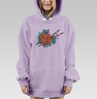 Акварельная иллюстрация Спящая рыжая лиса с кистями, Hoodie Mjhigh Dig Mel, Fiolet, утепленная