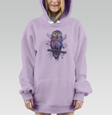 Акварельная сова с абстрактными графическими элементами, Hoodie Mjhigh Dig Mel, Fiolet, утепленная