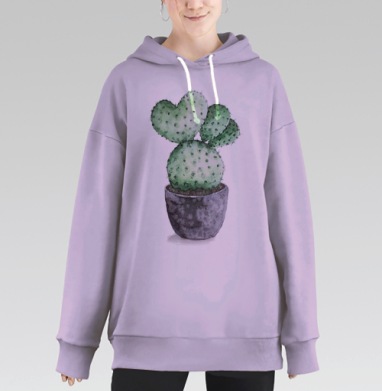 Акварельный кактус в форме сердца, Hoodie Long Oversize Fiolet