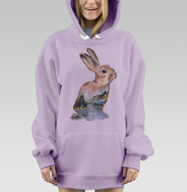 Акварельный кролик с горным пейзажем, Hoodie Mjhigh Dig Mel, Fiolet, утепленная