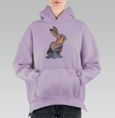 Акварельный кролик с горным пейзажем, Hoodie Oversize Fiolet, утепленная