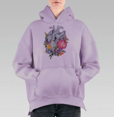 Анатомическое сердце с яркими цветами, Hoodie Oversize Fiolet, утепленная