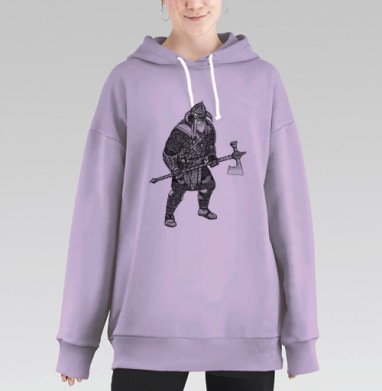 Бородатый викинг в рогатом шлеме с косами и  двуручным топором в руках, Hoodie Long Oversize Fiolet