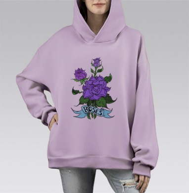 Букет фиолетовых роз в стиле татуировки Old School, Hoodie Mono Fiolet, оверсайз, утепленная