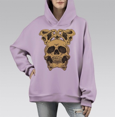 Череп с мышиными ушами в мистической графике, Hoodie Mono Fiolet, оверсайз, утепленная
