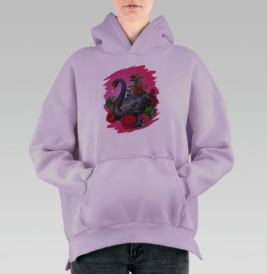 Черный лебедь в цветах, Hoodie Oversize Fiolet, утепленная