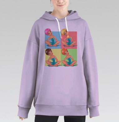 Четырехцветная девушка в задумчивой позе, Hoodie Long Oversize Fiolet