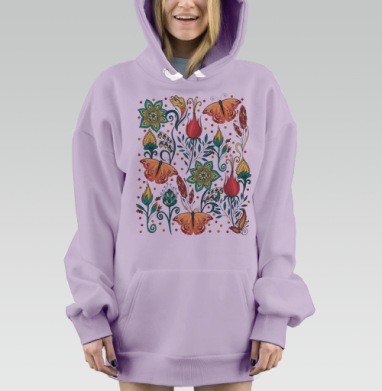 Цветочная гармония с бабочками и растениями, Hoodie Mjhigh Dig Mel, Fiolet, утепленная
