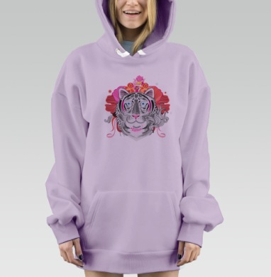 Цветочный узор с портретами тигров, Hoodie Mjhigh Dig Mel, Fiolet, утепленная