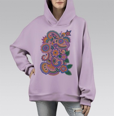 Цветы дудлинг, Hoodie Mono Fiolet, оверсайз, утепленная