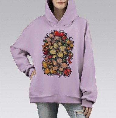 Цветы и любовь, Hoodie Mono Fiolet, оверсайз, утепленная