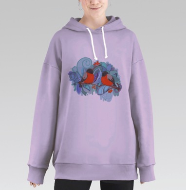 Декоративный дизайн с яркими снегирями и ягодами, Hoodie Long Oversize Fiolet