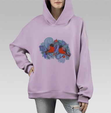 Декоративный дизайн с яркими снегирями и ягодами, Hoodie Mono Fiolet, оверсайз, утепленная