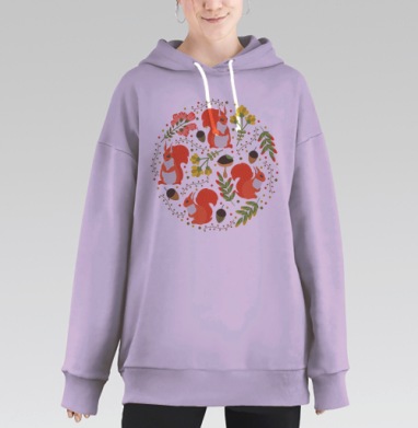 Декоративный орнамент с белками и цветами, Hoodie Long Oversize Fiolet
