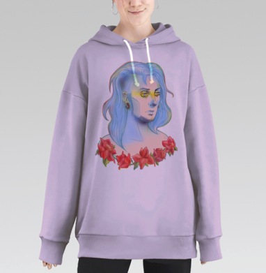 Эмоциональный портрет с розами в стиле поп-арт, Hoodie Long Oversize Fiolet