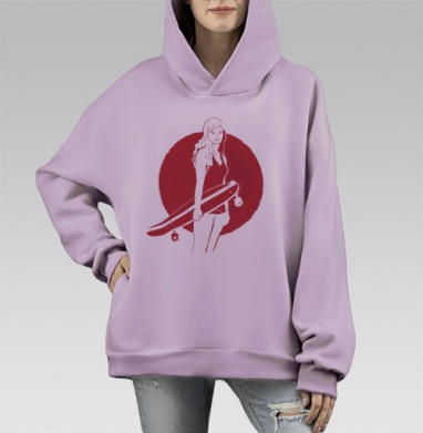 Энергия и свобода: девушка с лонгбордом в красном, Hoodie Mono Fiolet, оверсайз, утепленная