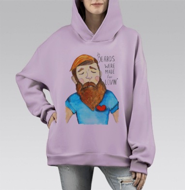 Футболка с акварельным сердцем и бородой, Hoodie Mono Fiolet, оверсайз, утепленная