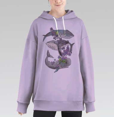 Гармония китов и сирени в акварели, Hoodie Long Oversize Fiolet