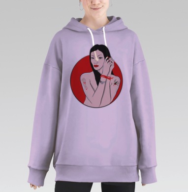 Женская стильная иллюстрация с красными акцентами, Hoodie Long Oversize Fiolet