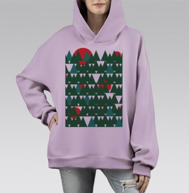 Геометрический лес с красным солнцем, Hoodie Mono Fiolet, оверсайз, утепленная