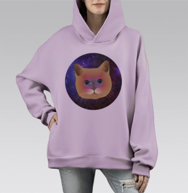 Голова космической кошки с изумрудными глазами, Hoodie Mono Fiolet, оверсайз, утепленная