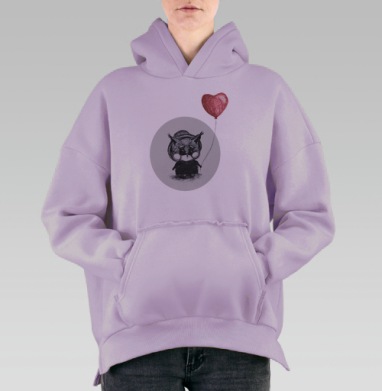 Грустный лисёнок с шариком-сердцем — эмоции в скетче, Hoodie Oversize Fiolet, утепленная