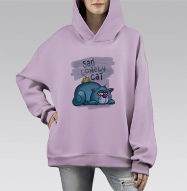 Грустный синий кот с поющими зелёными птичками, Hoodie Mono Fiolet, оверсайз, утепленная