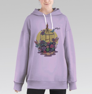 Игра свободы: Птичка «pew pew» в цветочной клетке, Hoodie Long Oversize Fiolet