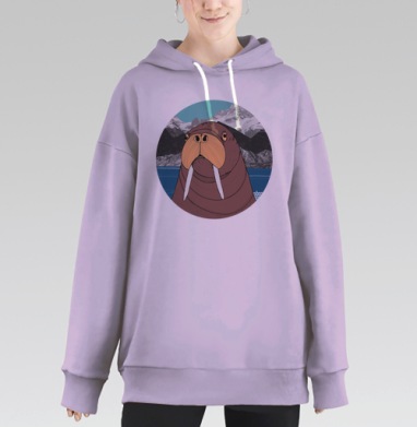 Иллюстрация Моржа в Арктическом Пейзаже, Hoodie Long Oversize Fiolet