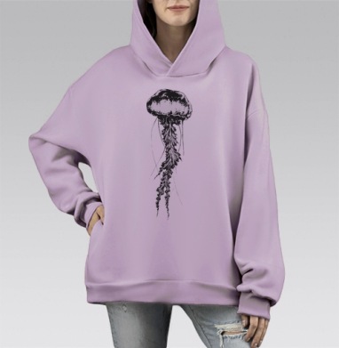 Изящная медуза в монохромном минимализме, Hoodie Mono Fiolet, оверсайз, утепленная