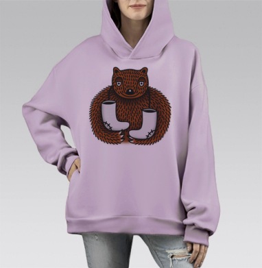 Медведь с вязанными белыми сапогами, Hoodie Mono Fiolet, оверсайз, утепленная