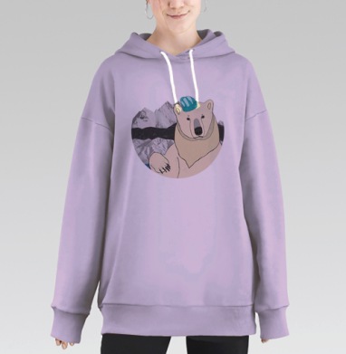 Медведь в шапке на фоне гор – оригинальный арт, Hoodie Long Oversize Fiolet