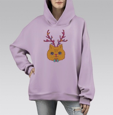 Милый котенок с волшебными рогами и цветами, Hoodie Mono Fiolet, оверсайз, утепленная