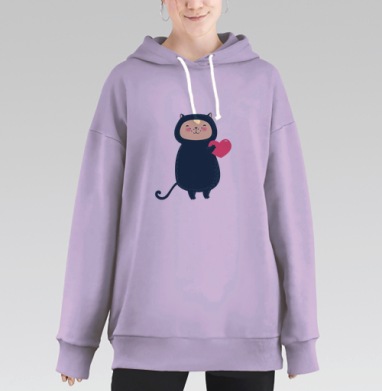 Милый котик с розовым сердцем в kawaii стиле, Hoodie Long Oversize Fiolet